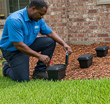 Worker setting up bait stations for mice